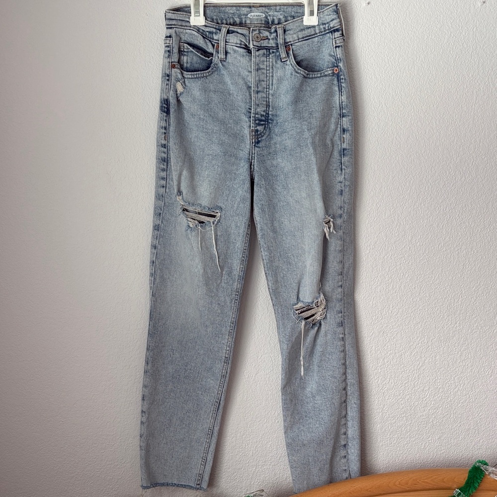 Old Navy Sky-Hi Straight Leg Extra High Rise Ripped Distressed Jeans Women 2
